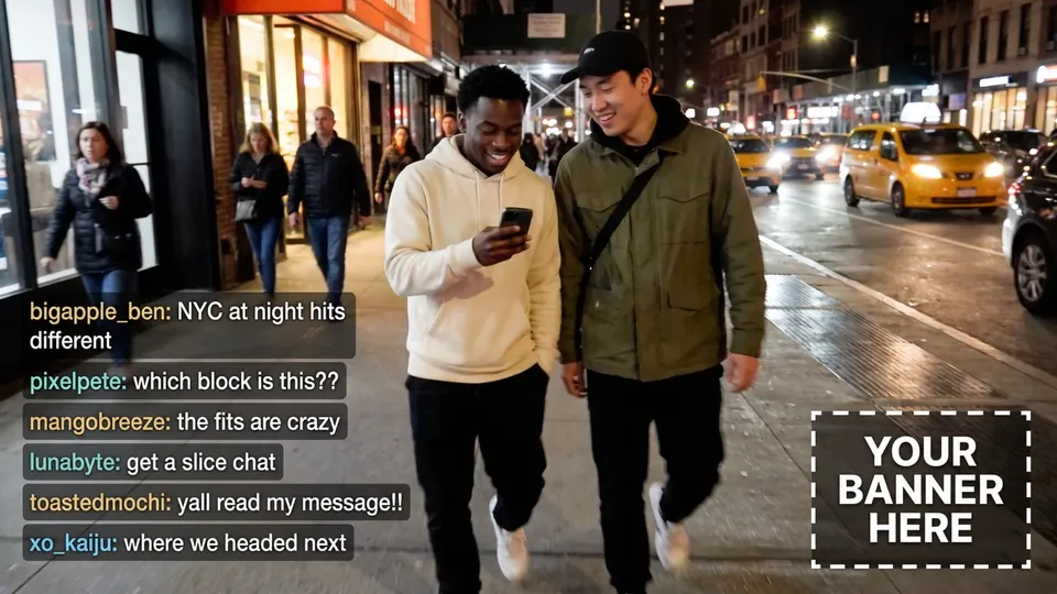 Two friends walking a city street at night on a live stream, its chat at the left and an empty box reading Your banner here at the right.