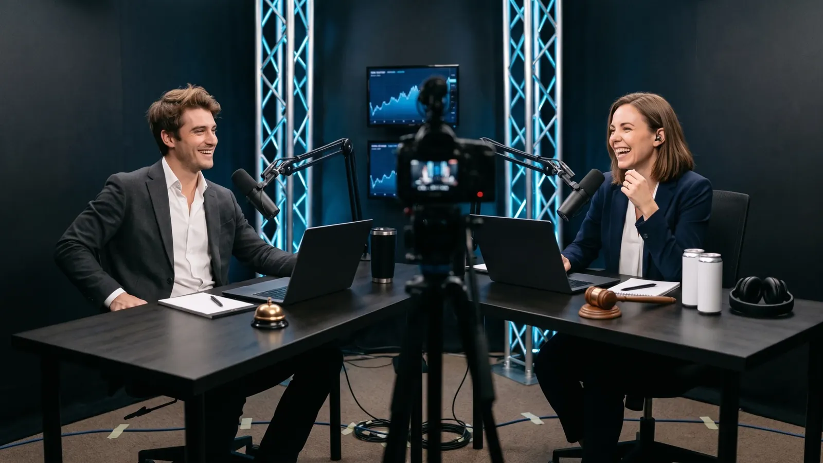 Two podcast hosts laughing at their desks in a studio, a camera on a tripod between them and an auction gavel on the desk.