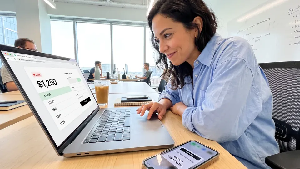 An advertiser smiling at a laptop showing a live auction's bids, her phone beside it.
